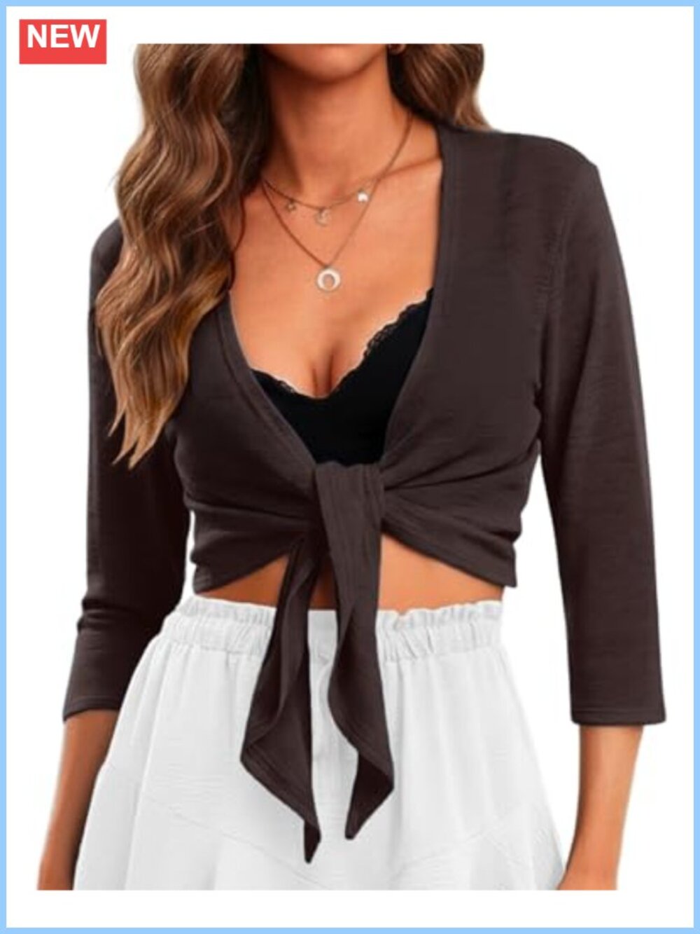 Women's Tie Front Cropped Cardigan 3/4 Sleeve Bolero Shrug Beach Cover Up